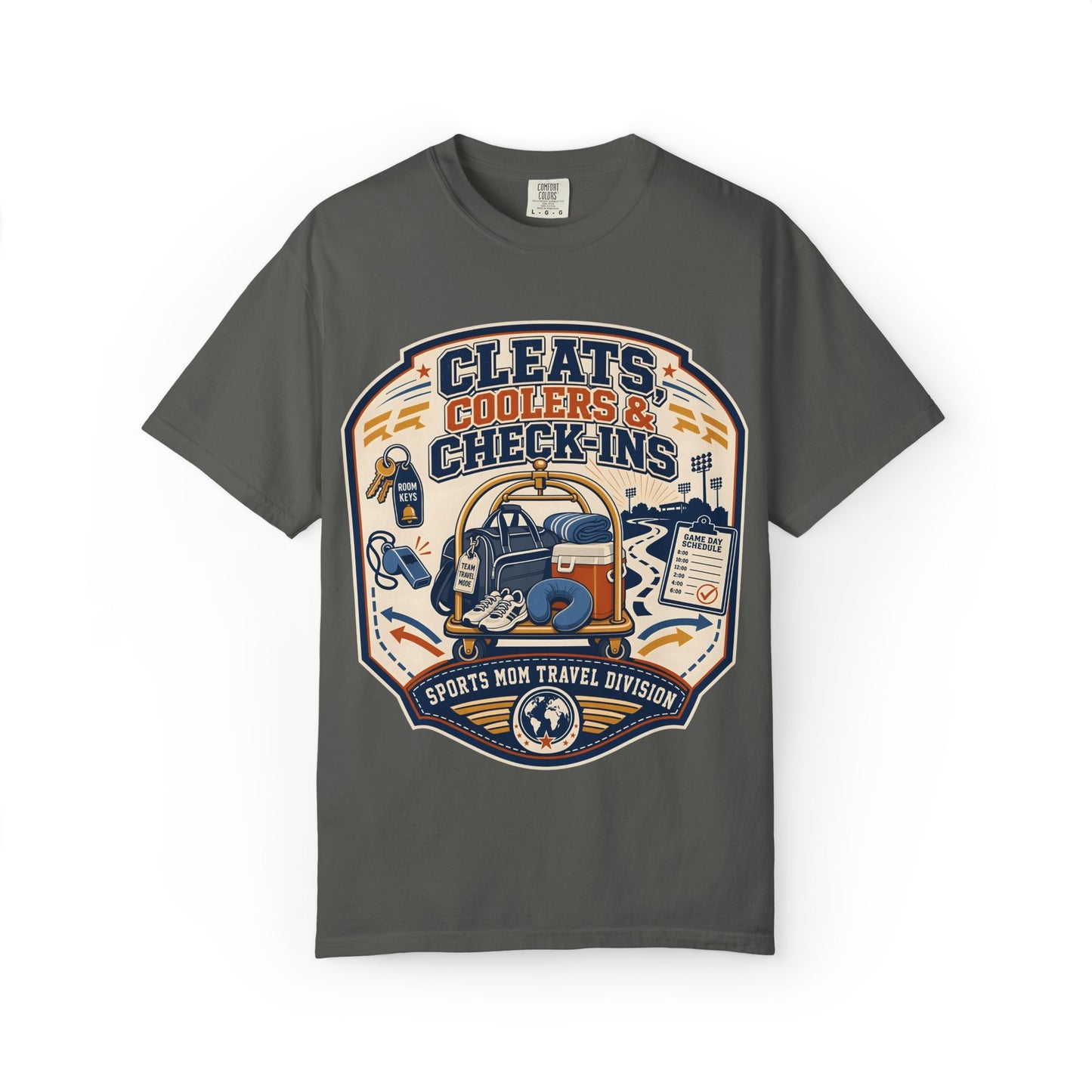 'Cleats, Coolers & Check-Ins' Sports Mom Travel T-Shirt