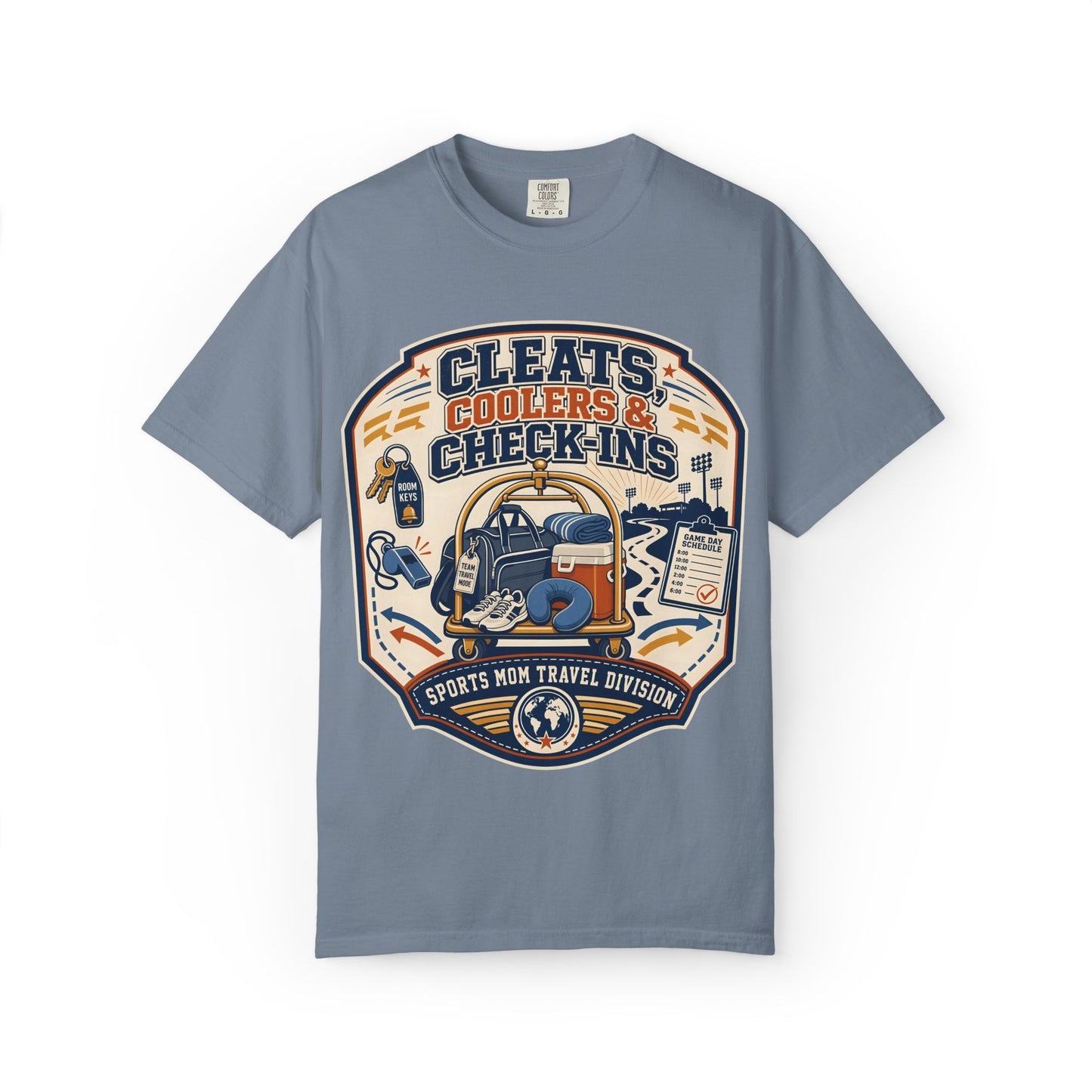 'Cleats, Coolers & Check-Ins' Sports Mom Travel T-Shirt