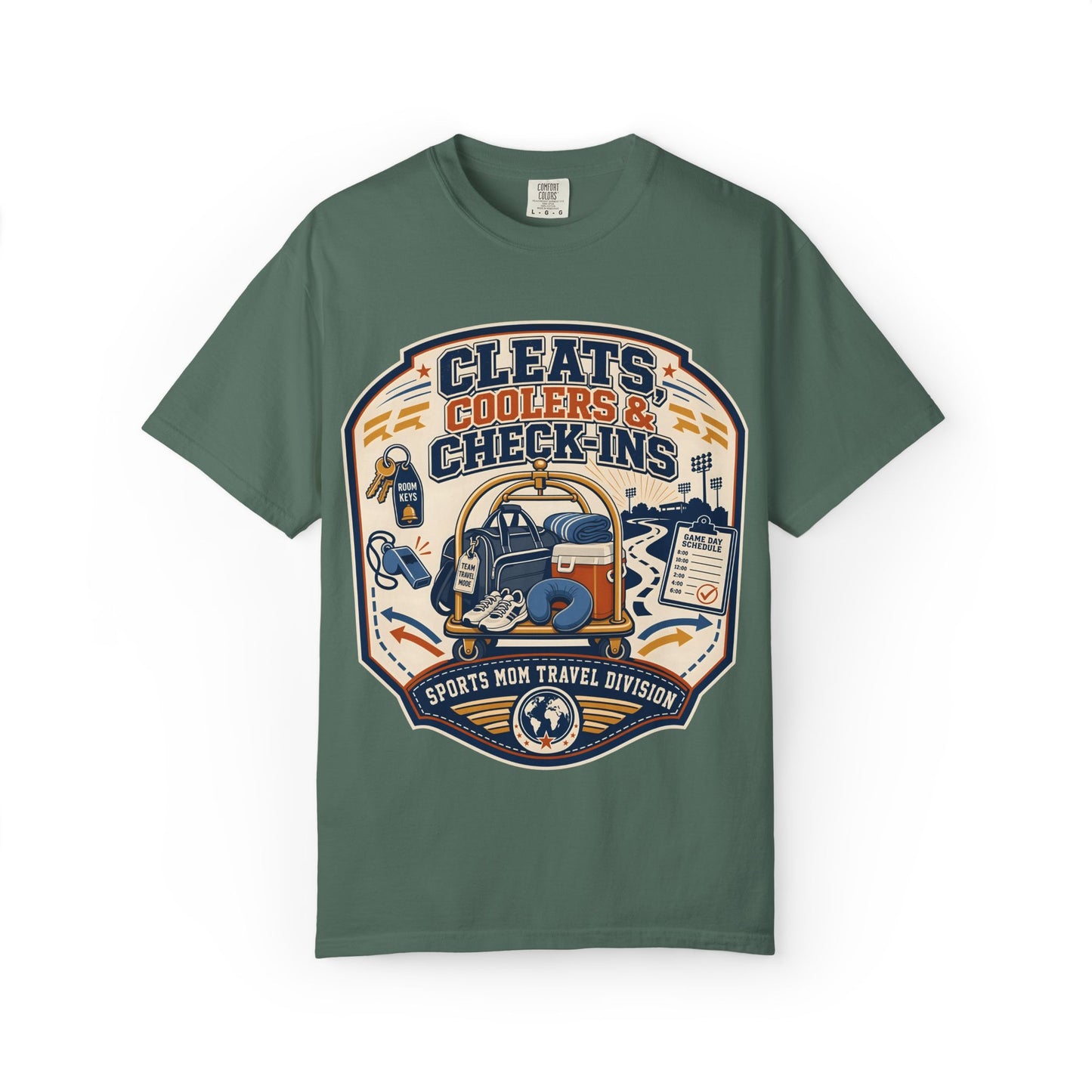 'Cleats, Coolers & Check-Ins' Sports Mom Travel T-Shirt