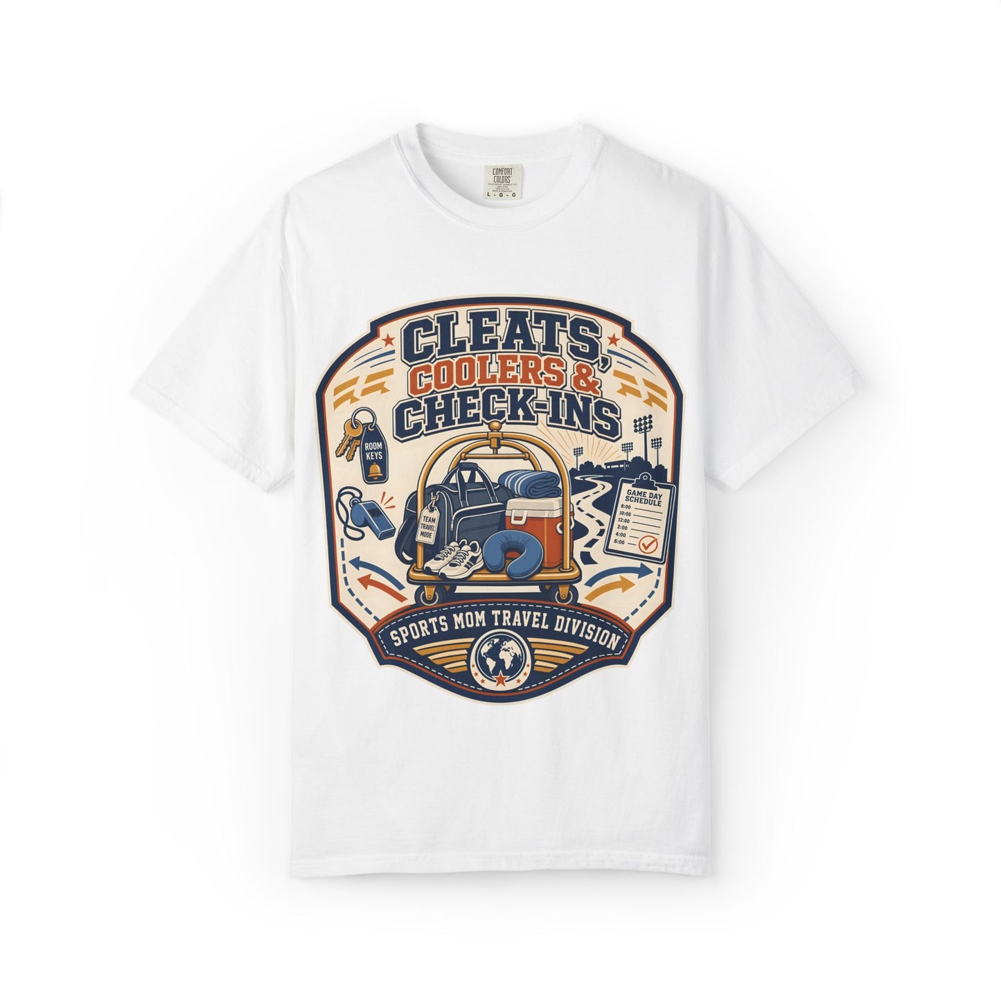 'Cleats, Coolers & Check-Ins' Sports Mom Travel T-Shirt