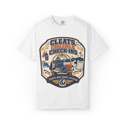 'Cleats, Coolers & Check-Ins' Sports Mom Travel T-Shirt