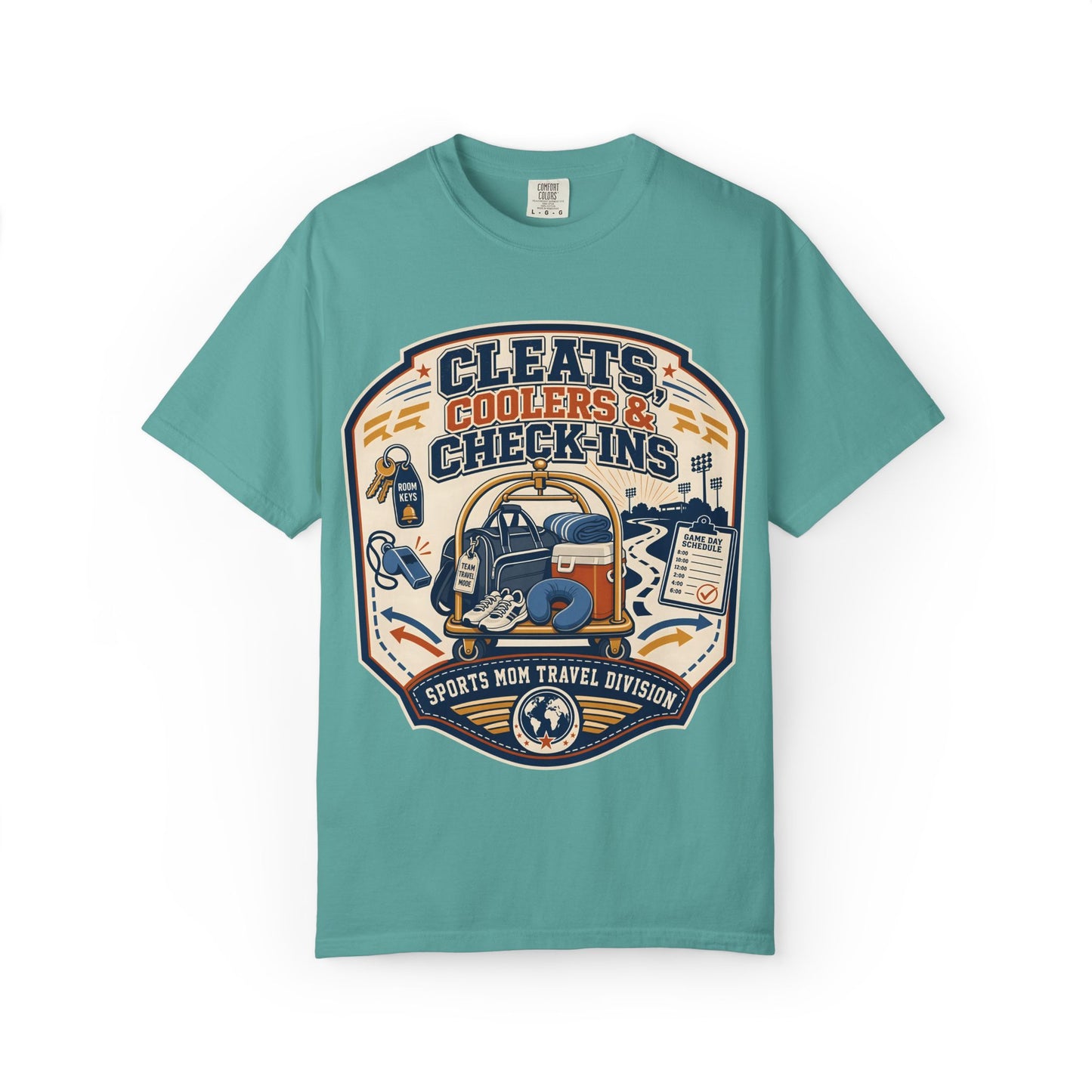 'Cleats, Coolers & Check-Ins' Sports Mom Travel T-Shirt