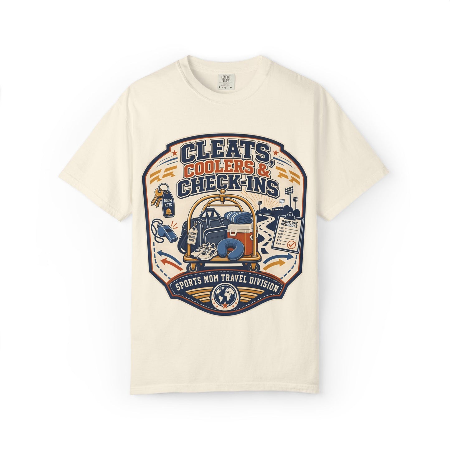 'Cleats, Coolers & Check-Ins' Sports Mom Travel T-Shirt