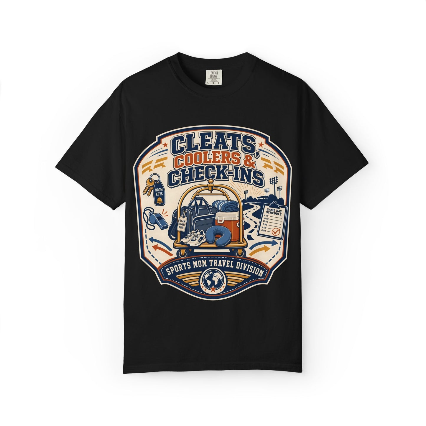'Cleats, Coolers & Check-Ins' Sports Mom Travel T-Shirt